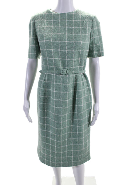 Oscar de la Renta Womens Green Wool Blend Plaid Belt Lined Shift Dress Size 8