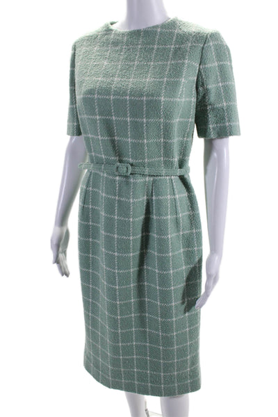 Oscar de la Renta Womens Green Wool Blend Plaid Belt Lined Shift Dress Size 8