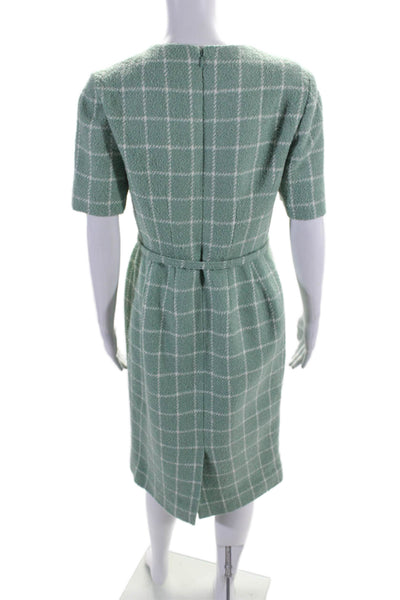 Oscar de la Renta Womens Green Wool Blend Plaid Belt Lined Shift Dress Size 8