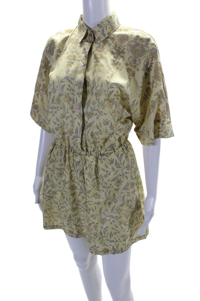 Kamala Kaftan Womens Silk Yellow Floral Collar Short Sleeve Romper Size M//L