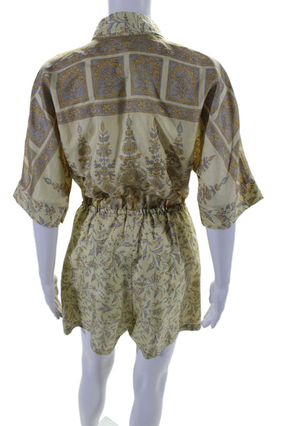 Kamala Kaftan Womens Silk Yellow Floral Collar Short Sleeve Romper Size M//L