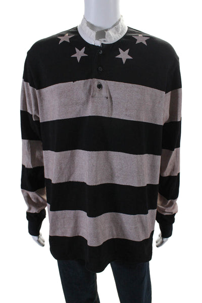 Givenchy Mens Cotton Black Beige Striped Henley Long Sleeve Sweater Top Size L