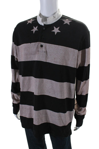 Givenchy Mens Cotton Black Beige Striped Henley Long Sleeve Sweater Top Size L