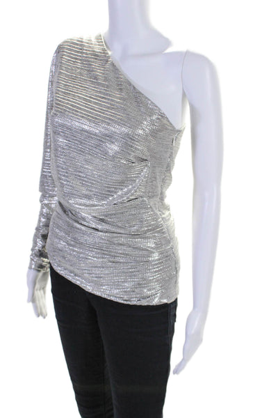 Melissa Odabash Women's Asymmetrical One Shoulder Blouse Silver Metallic Size M