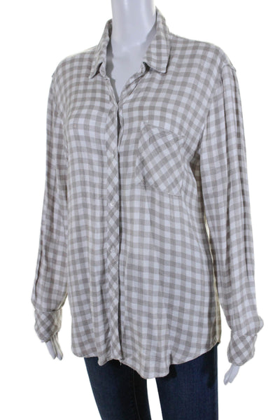 Rails Womens Metallic Plaid Long Sleeve Button Down Shirt White Beige Size M