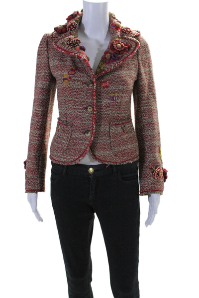 Moschino Womens Knitted Embroidered Floral Collared Snap Cardigan Red Size M