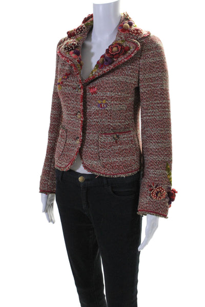 Moschino Womens Knitted Embroidered Floral Collared Snap Cardigan Red Size M