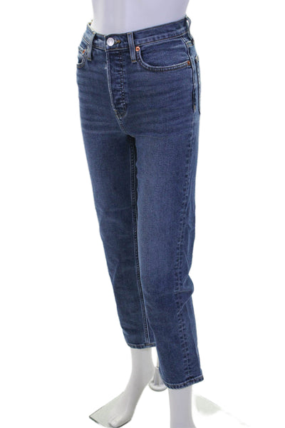 Re/Done Womens Blue Medium Wash Fly Button High Rise Slim Straight Jeans Size 24