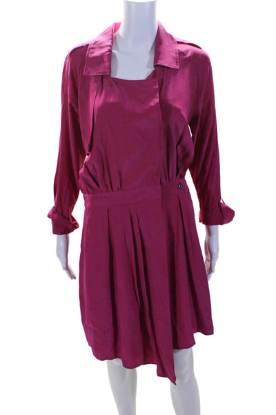 Icons Womens Long Sleeve Collared Button Down Dress Silk Purple Size Small