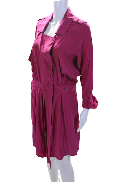 Icons Womens Long Sleeve Collared Button Down Dress Silk Purple Size Small