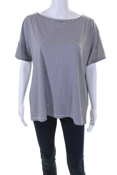 Eileen Fisher Womens Cotton Short Sleeved Stripped Round Neck Top White Size S