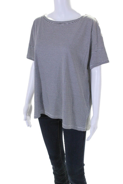 Eileen Fisher Womens Cotton Short Sleeved Stripped Round Neck Top White Size S