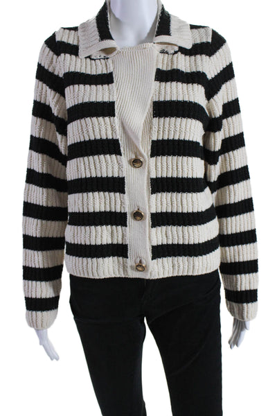 Maeve Anthropologie Womens Striped Collared V-Neck Cardigan Sweater Beige Size M