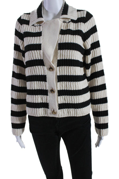 Maeve Anthropologie Womens Striped Collared V-Neck Cardigan Sweater Beige Size M