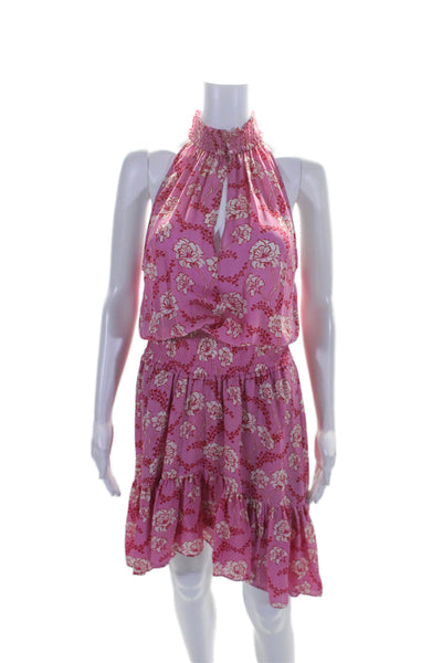 ALC Womens Sleeveless Keyhole Floral Silk Smocked Dress Pink White Size 6