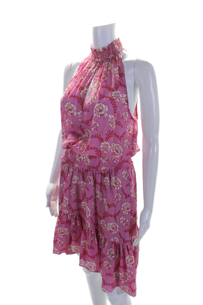 ALC Womens Sleeveless Keyhole Floral Silk Smocked Dress Pink White Size 6