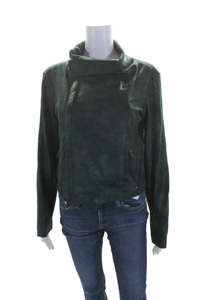 Georgie Womens Front Zip Long Sleeve Faux Suede Light Jacket Green Size Medium