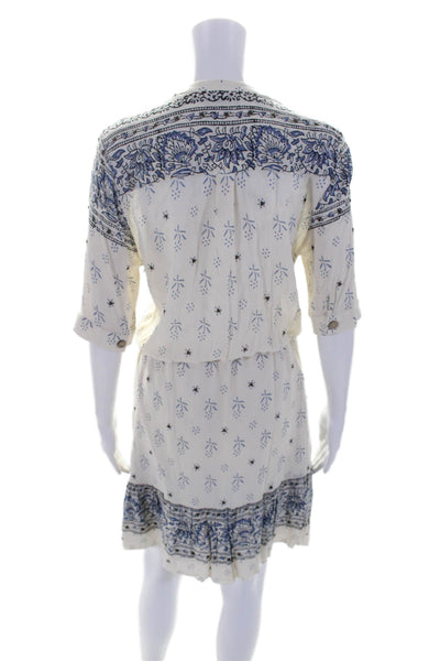 Saylor Womens Short Sleeve V Neck Abstract Studded Dress White Blue Size Large