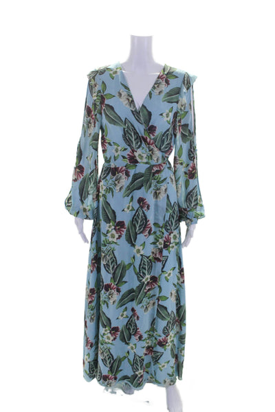 Nicholas Womens Long Sleeve V Neck Floral Leaf Silk Midi Wrap Dress Blue Size 10