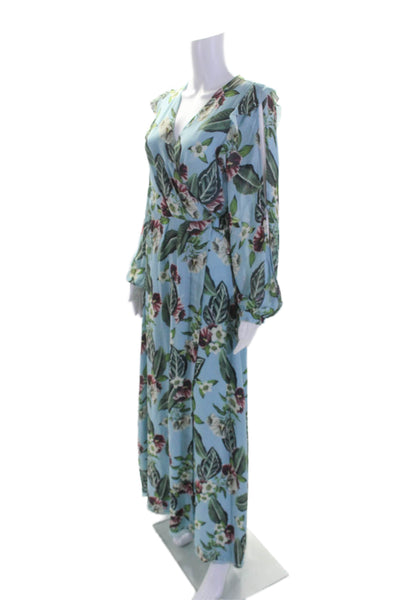 Nicholas Womens Long Sleeve V Neck Floral Leaf Silk Midi Wrap Dress Blue Size 10