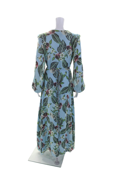 Nicholas Womens Long Sleeve V Neck Floral Leaf Silk Midi Wrap Dress Blue Size 10