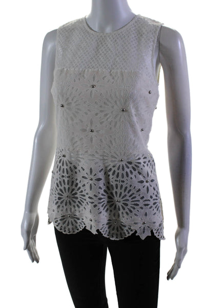 Veronica Beard Women's Round Neck Sleeveless Lace Studs Blouse Cream Size 2