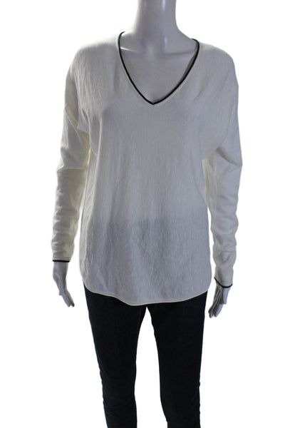 Vince Womens Long Sleeve V Neck Knit Shirt White Black Cotton Size Extra Small