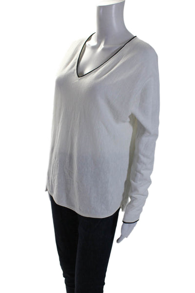 Vince Womens Long Sleeve V Neck Knit Shirt White Black Cotton Size Extra Small