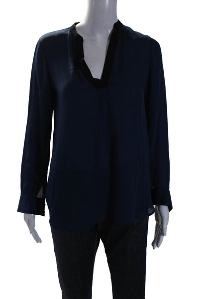 Vince Womens Long Sleeve V Neck Silk Blouse Top Navy Blue Black Size 00