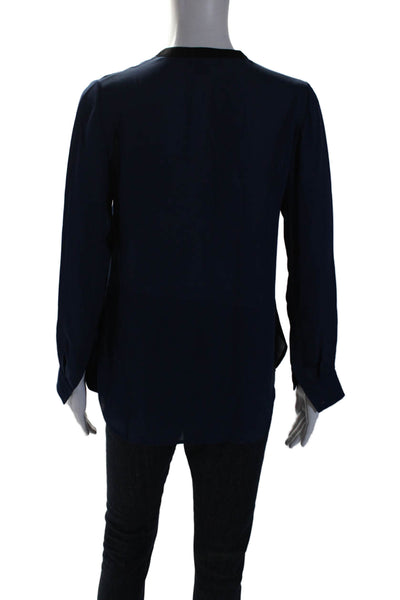 Vince Womens Long Sleeve V Neck Silk Blouse Top Navy Blue Black Size 00