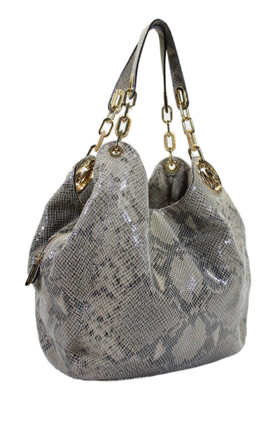 Michael Kors Womens Animal Print Chained Strap Snap Buttoned Hobo Bag Beige