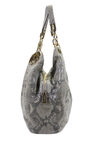 Michael Kors Womens Animal Print Chained Strap Snap Buttoned Hobo Bag Beige