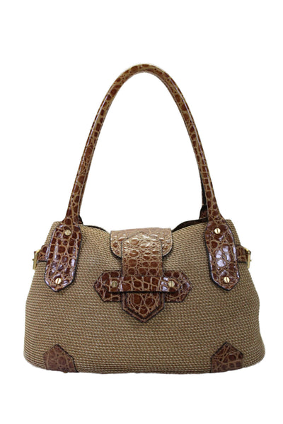 Eric Javits Womens Animal Printed Patchwork Espadrille Shoulder Handbag Brown