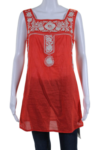 Tory Burch Womens Embroidered Sleeveless Tank Top Red White Cotton Size Small