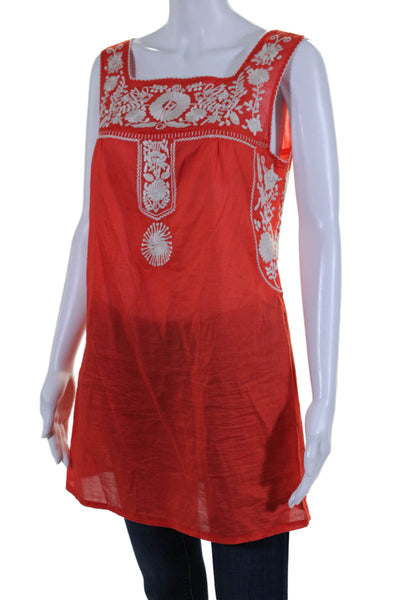 Tory Burch Womens Embroidered Sleeveless Tank Top Red White Cotton Size Small