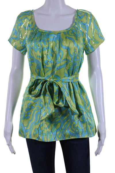 Lilly Pulitzer Womens Abstract Print Blouse Lime Green Blue Size Extra Small