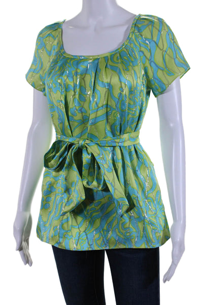 Lilly Pulitzer Womens Abstract Print Blouse Lime Green Blue Size Extra Small