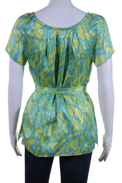 Lilly Pulitzer Womens Abstract Print Blouse Lime Green Blue Size Extra Small