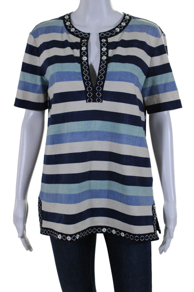 Tory Burch Womens Striped Sequined Short Sleeves Shirt Blue Ivory Size Small