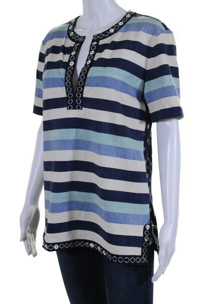 Tory Burch Womens Striped Sequined Short Sleeves Shirt Blue Ivory Size Small