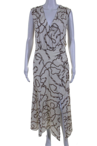 Veronica Beard Womens Silk Chain Link Print V Neck Maxi Dress White Brown Size 4