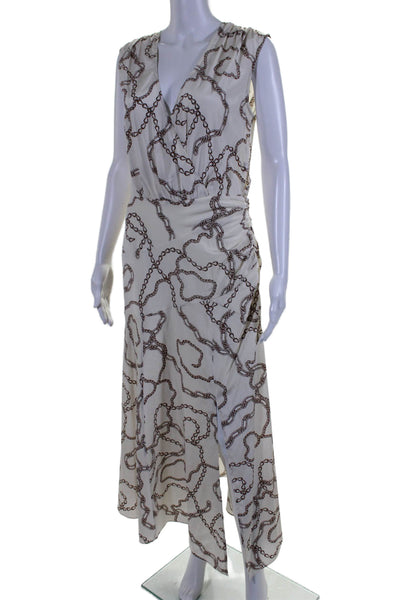 Veronica Beard Womens Silk Chain Link Print V Neck Maxi Dress White Brown Size 4