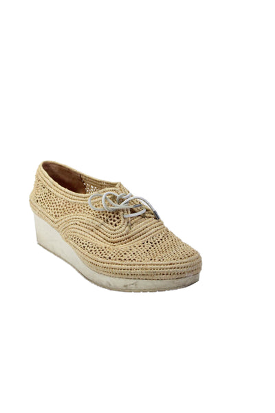 Robert Clergerie Womens Lace Up Platform Raffia Low Top Sneakers Beige Size 38.5