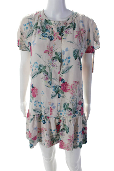 Parker Womens Silk Pink Floral Henley Neck Short Sleeve A-line Dress Size XS