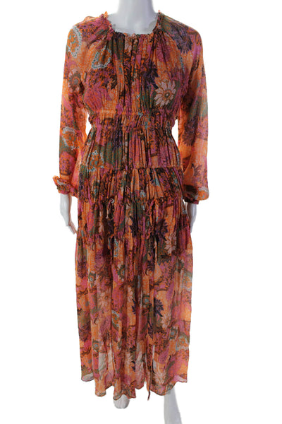 ALC Women's Round Neck Long Sleeves Cinch Tiered Maxi Dress Floral Size 00