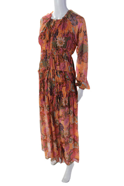 ALC Women's Round Neck Long Sleeves Cinch Tiered Maxi Dress Floral Size 00