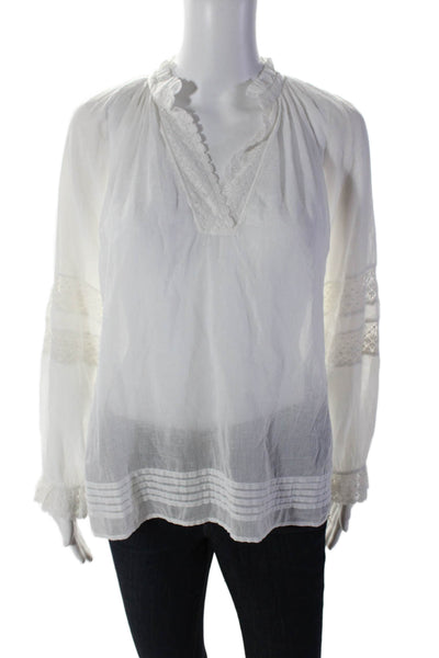 Ba&Sh Women's V-Neck Long Sleeves Lace Trim Sheer Blouse White Size 0