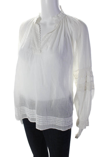 Ba&Sh Women's V-Neck Long Sleeves Lace Trim Sheer Blouse White Size 0