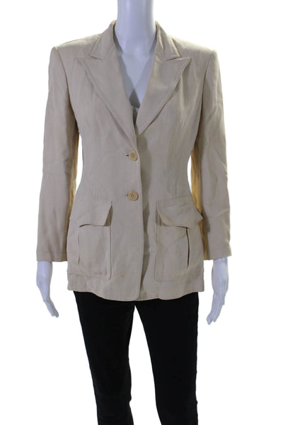 Donna Karan Womens Linen Darted Collar Buttoned Long Sleeve Blazer Beige Size 8