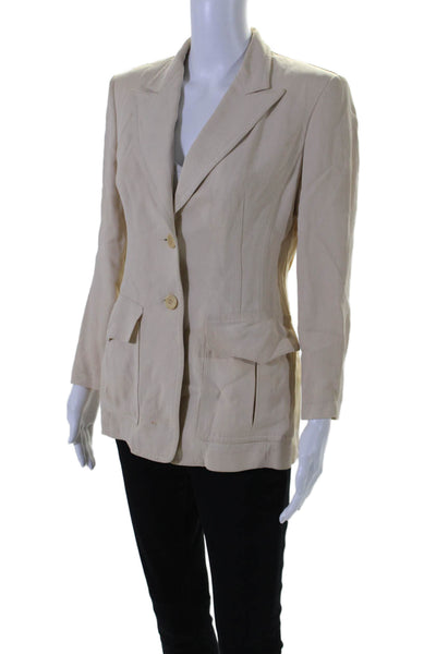 Donna Karan Womens Linen Darted Collar Buttoned Long Sleeve Blazer Beige Size 8